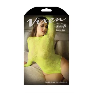 Fantasy Lingerie Vixen Electric Love Long Sleeve Lace Bodysuit Neon Yellow Queen Size