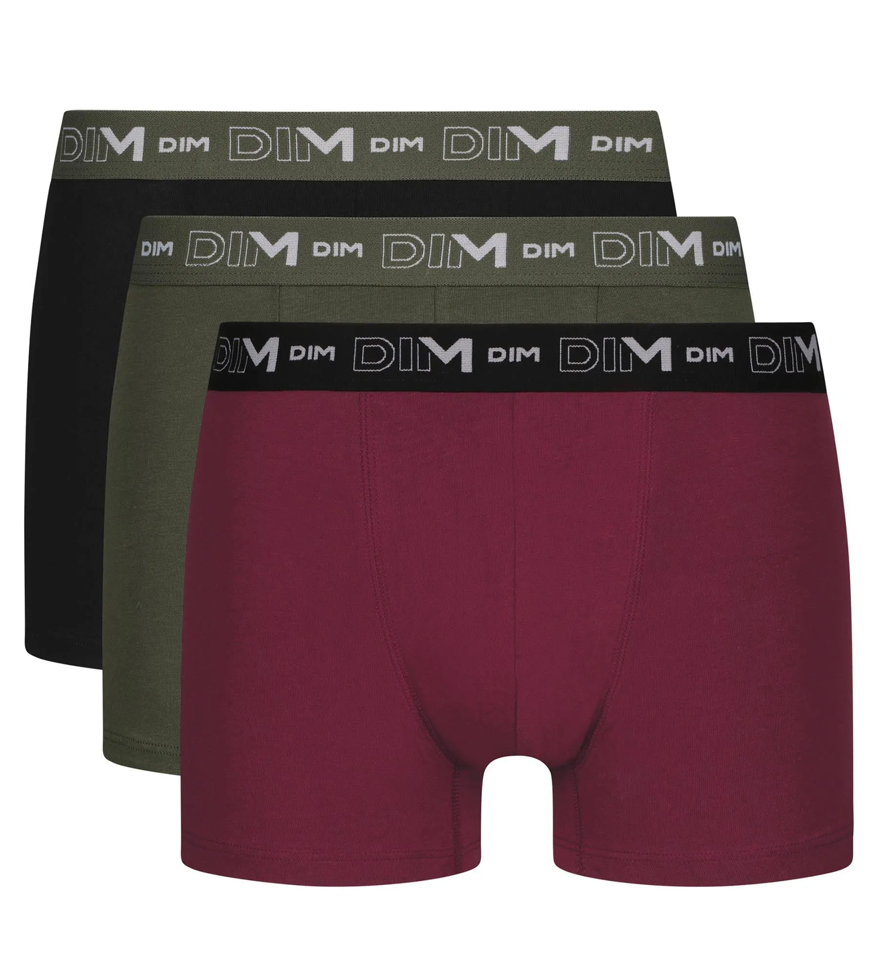 Lot de 3 boxers homme Noir Kaki Rouge Dim Coton Stretch