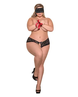 Love & Bondage Split Back Lace Booty Short. Blindfold & Wrist Ties Black QN